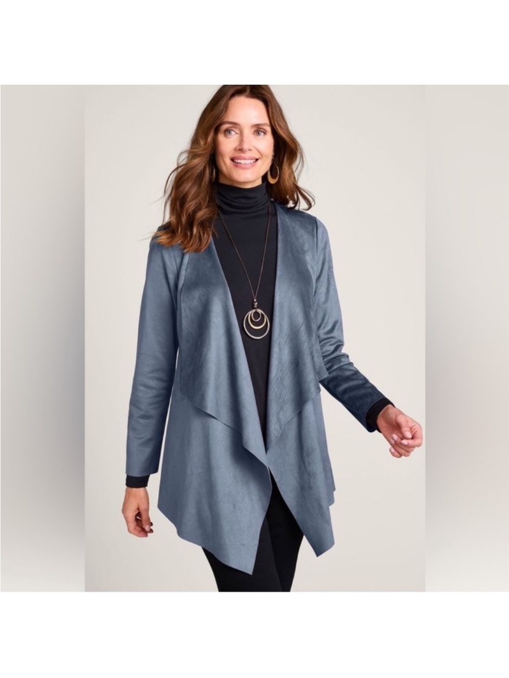 Soft Surroundings Ultra Soft Faux Suede Open Front Jacket/Topper Sz L Blue